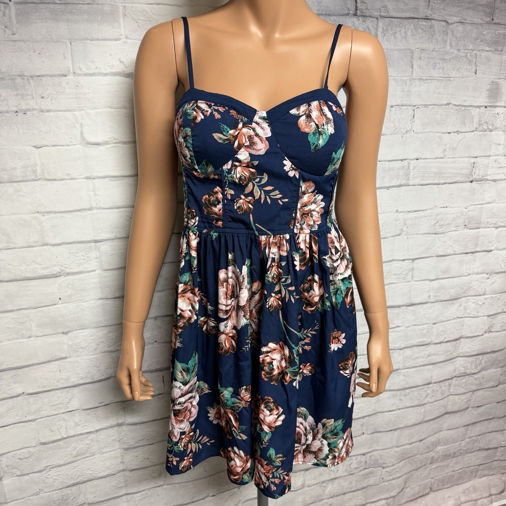 Band Of Gypsies Dress Medium Blue Floral Babydoll Padded Sweetheart Bustier